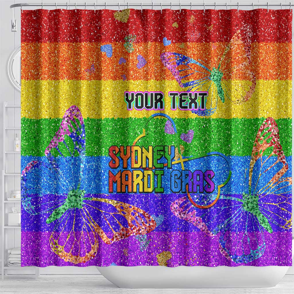 Rainbow glitter Mardi Gras shower curtain with 'YOUR TEXT' and 'SYDNEY MARDI GRAS' wording