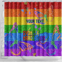 Rainbow glitter Mardi Gras shower curtain with 'YOUR TEXT' and 'SYDNEY MARDI GRAS' wording