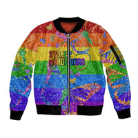 Rainbow glitter zip-up bomber jacket with Sydney Mardi Gras graphic and black rib trim