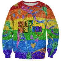 Rainbow glitter crewneck sweatshirt with Sydney Mardi Gras graphic, long sleeves