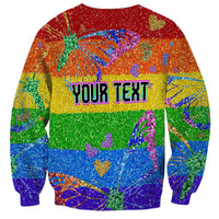 Rainbow glitter crewneck sweatshirt with customizable 'YOUR TEXT' graphic, long sleeves