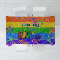 Rainbow glitter personalized tablecloth with “YOUR TEXT” and “Sydney Mardi Gras” graphic