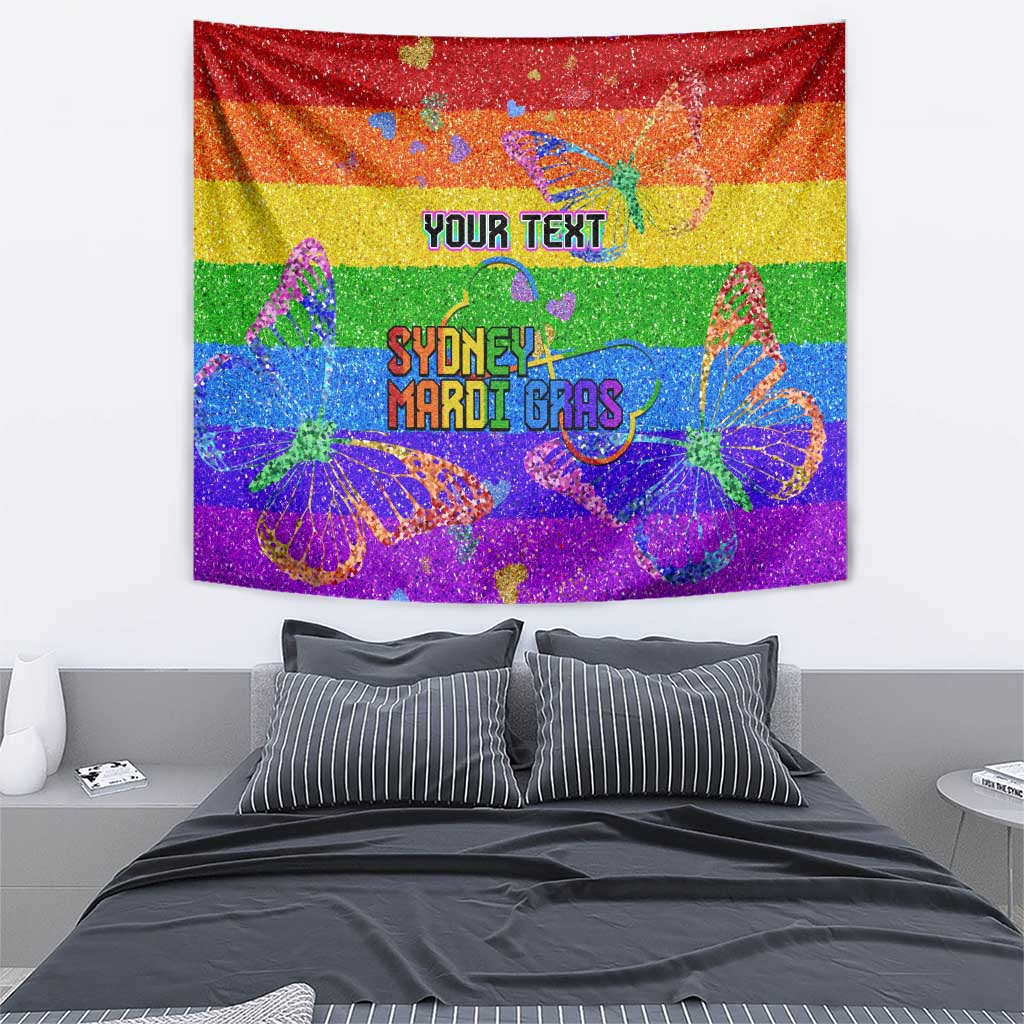 Rainbow glitter pride wall tapestry with butterfly graphics and “YOUR TEXT”