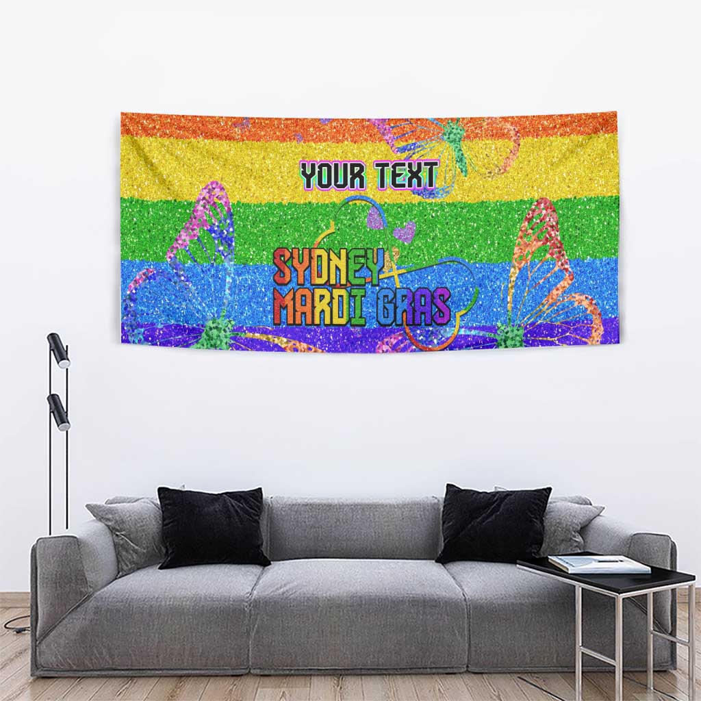 Rainbow glitter pride wall tapestry with “YOUR TEXT” and colorful butterfly artwork