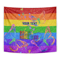 Rainbow glitter pride tapestry with butterflies and “YOUR TEXT” text block
