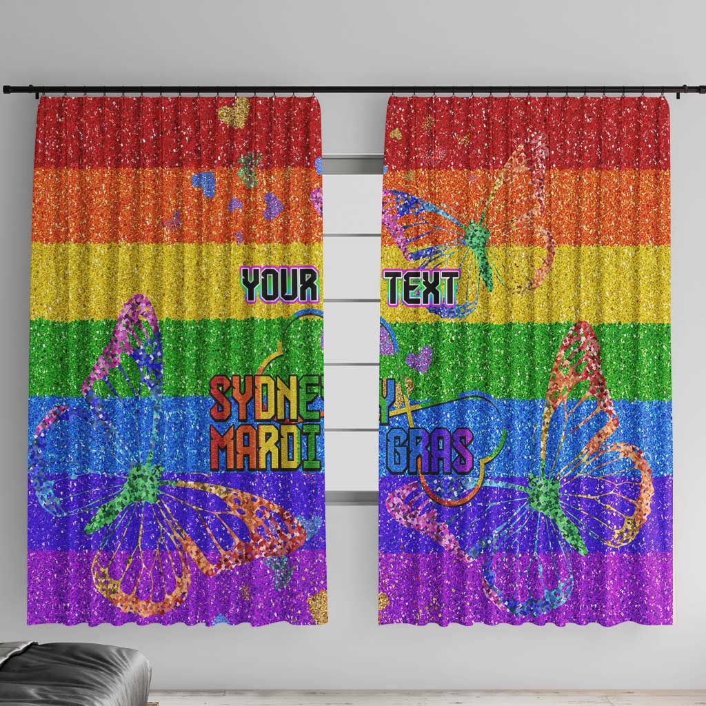Rainbow glitter two-panel window curtains with butterfly graphics and personalized text