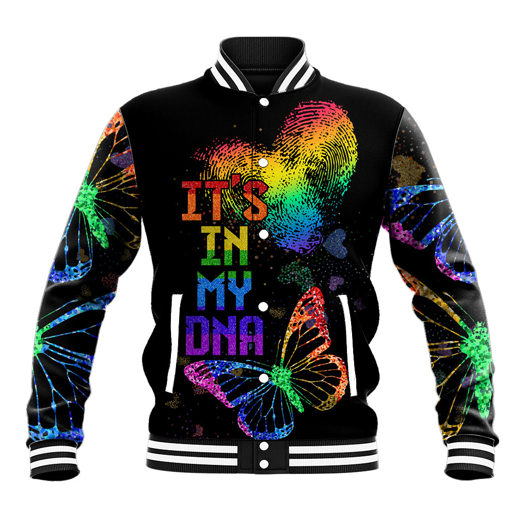 Black baseball jacket with colorful heart and DNA-style graphic, striped ribbed collar