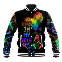 Black baseball jacket with colorful heart and DNA-style graphic, striped ribbed collar