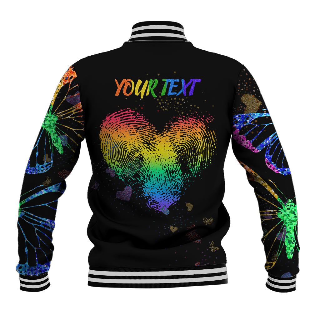 Black baseball jacket back with rainbow heart graphic and multicolor butterfly sleeves