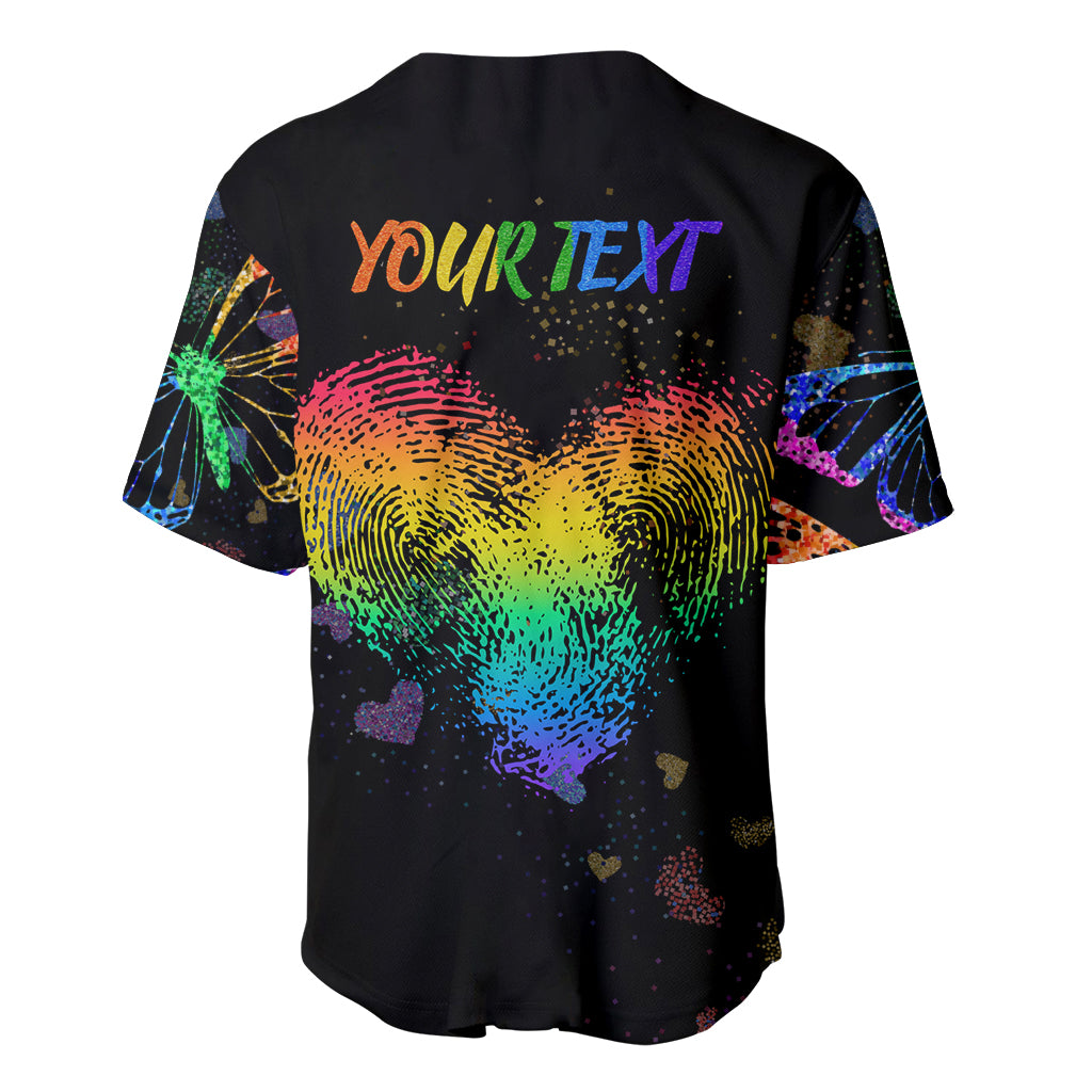 Black baseball jersey back with rainbow fingerprint and YOUR TEXT