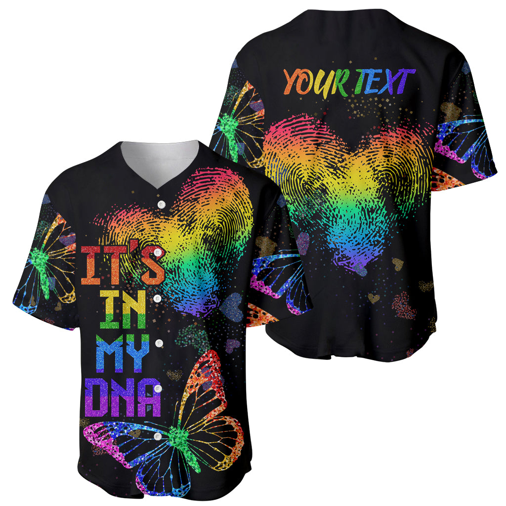 Two black baseball jerseys showing front and back rainbow fingerprint designs