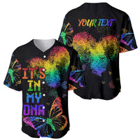 Two black baseball jerseys showing front and back rainbow fingerprint designs