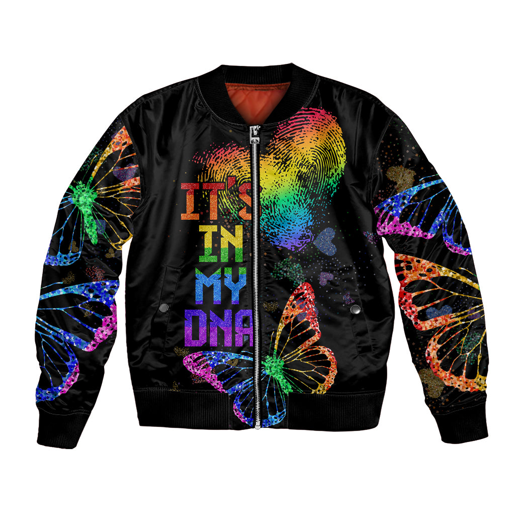 Unisex black bomber jacket with rainbow DNA text, butterflies, front zipper