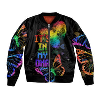 Unisex black bomber jacket with rainbow DNA text, butterflies, front zipper
