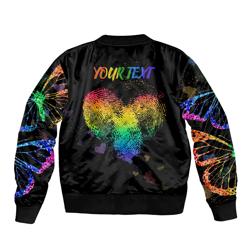 Unisex black bomber jacket back with rainbow heart graphic and 'YOUR TEXT'