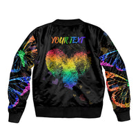 Unisex black bomber jacket back with rainbow heart graphic and 'YOUR TEXT'