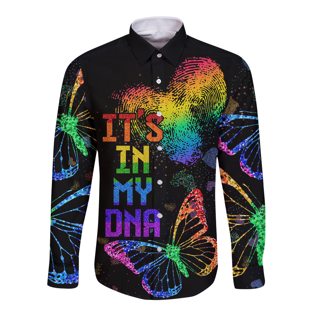 Unisex black long-sleeve button shirt with rainbow heart fingerprint graphic