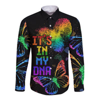 Unisex black long-sleeve button shirt with rainbow heart fingerprint graphic