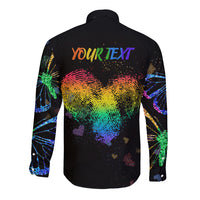 Unisex black long-sleeve button shirt with rainbow heart fingerprint and 'Your Text' back