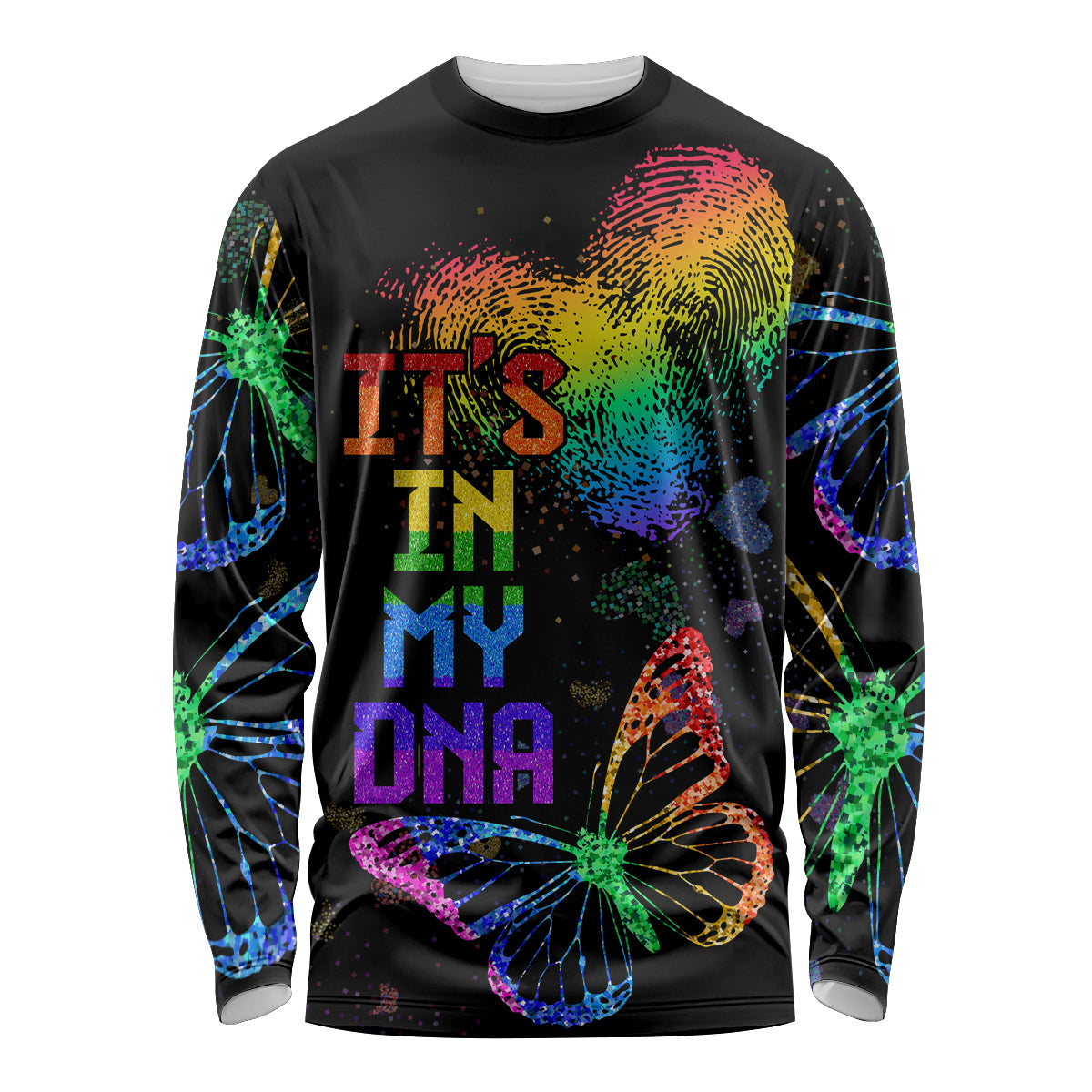 Black unisex long-sleeve shirt with rainbow fingerprint, heart, and graphic text