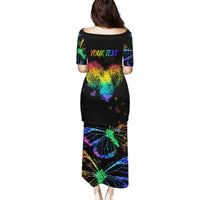 Black long dress with rainbow butterfly pattern and 'Your Text' print