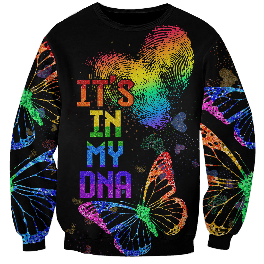 Unisex black sweatshirt with rainbow DNA heart, butterflies, and colorful sleeve accents