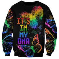 Unisex black sweatshirt with rainbow DNA heart, butterflies, and colorful sleeve accents
