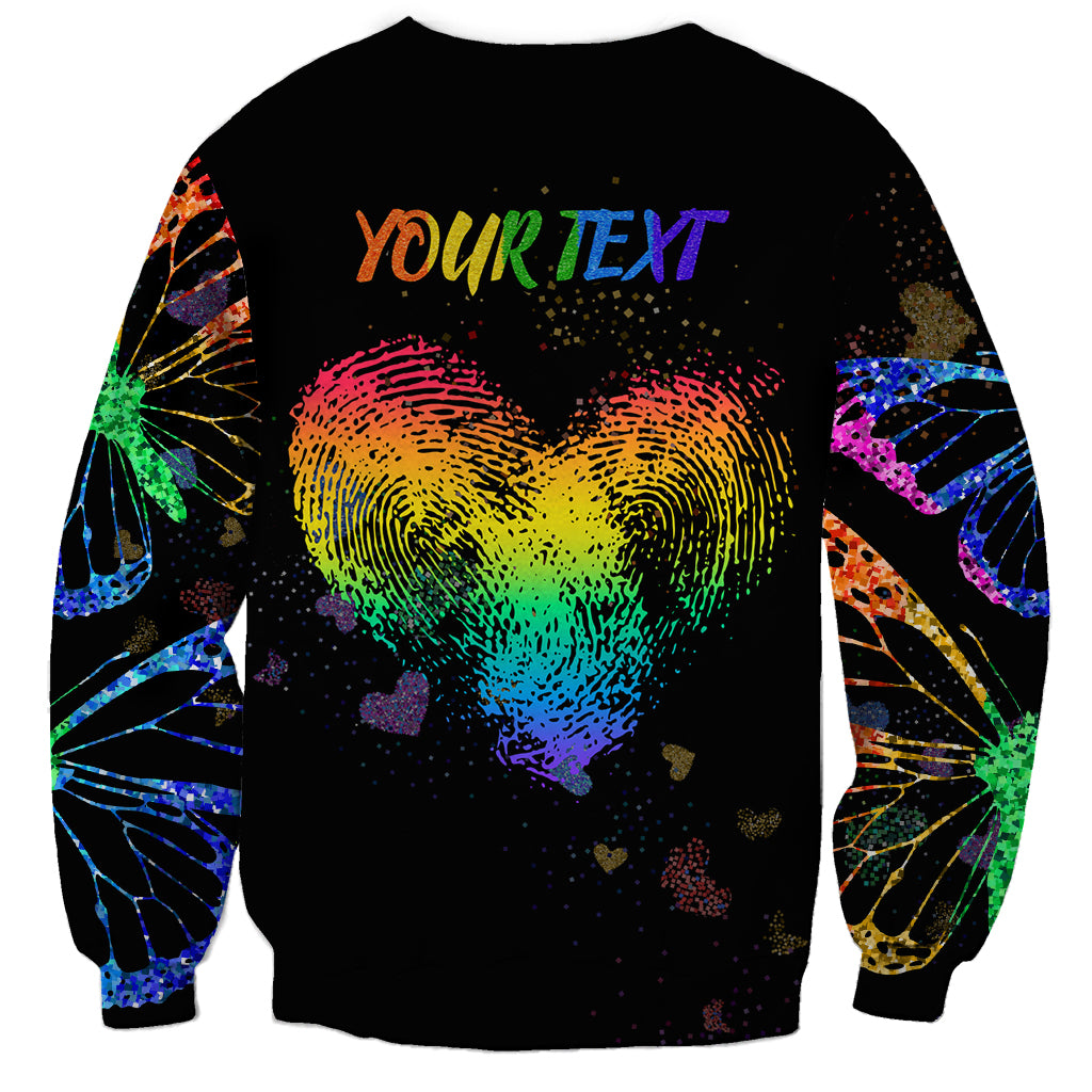 Unisex black sweatshirt back with rainbow heart fingerprint graphic and 'YOUR TEXT'