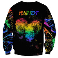 Unisex black sweatshirt back with rainbow heart fingerprint graphic and 'YOUR TEXT'