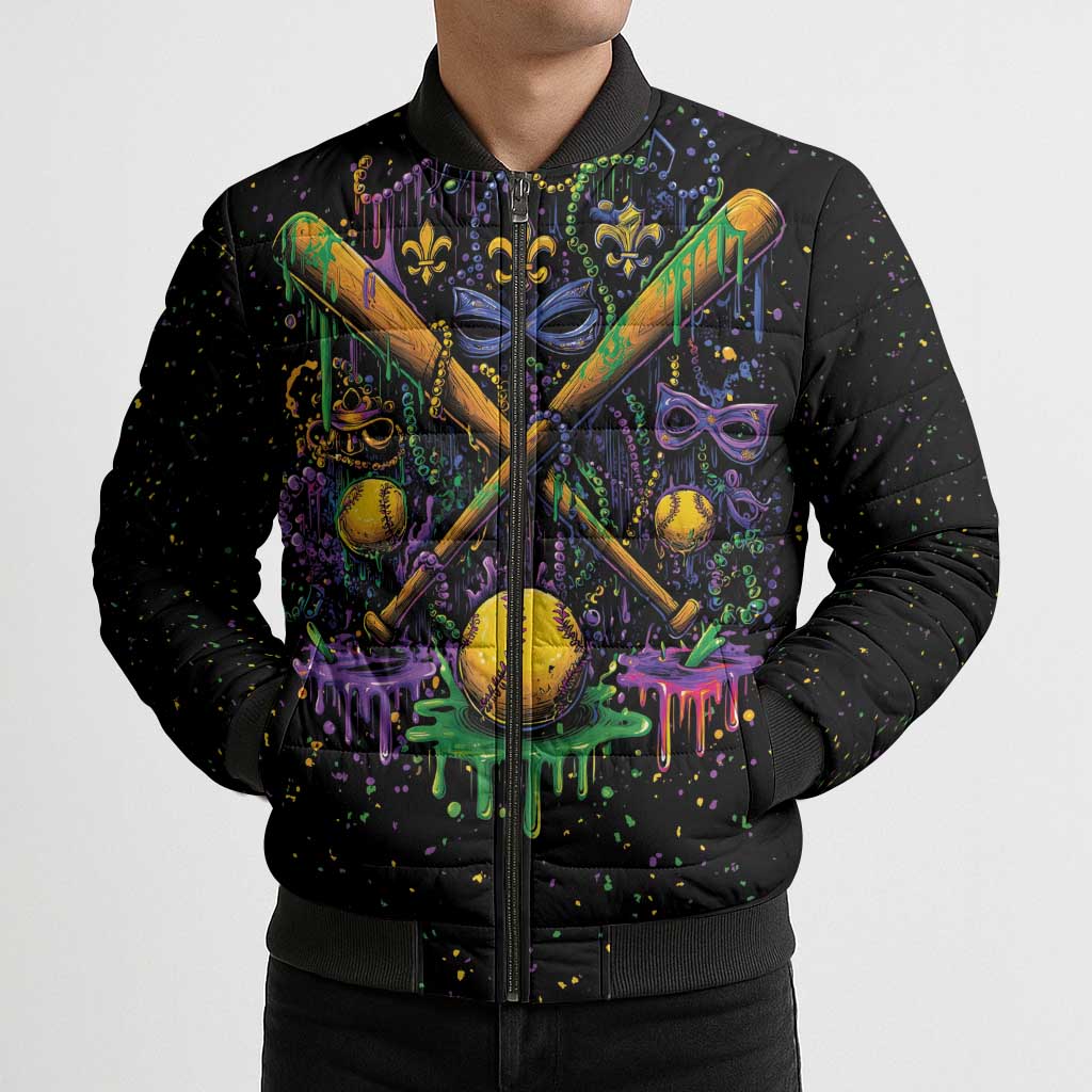 Mardi Gras Dripping Bomber Puffer Jacket Baseball Ice Cream Drip - Wonder Print Shop