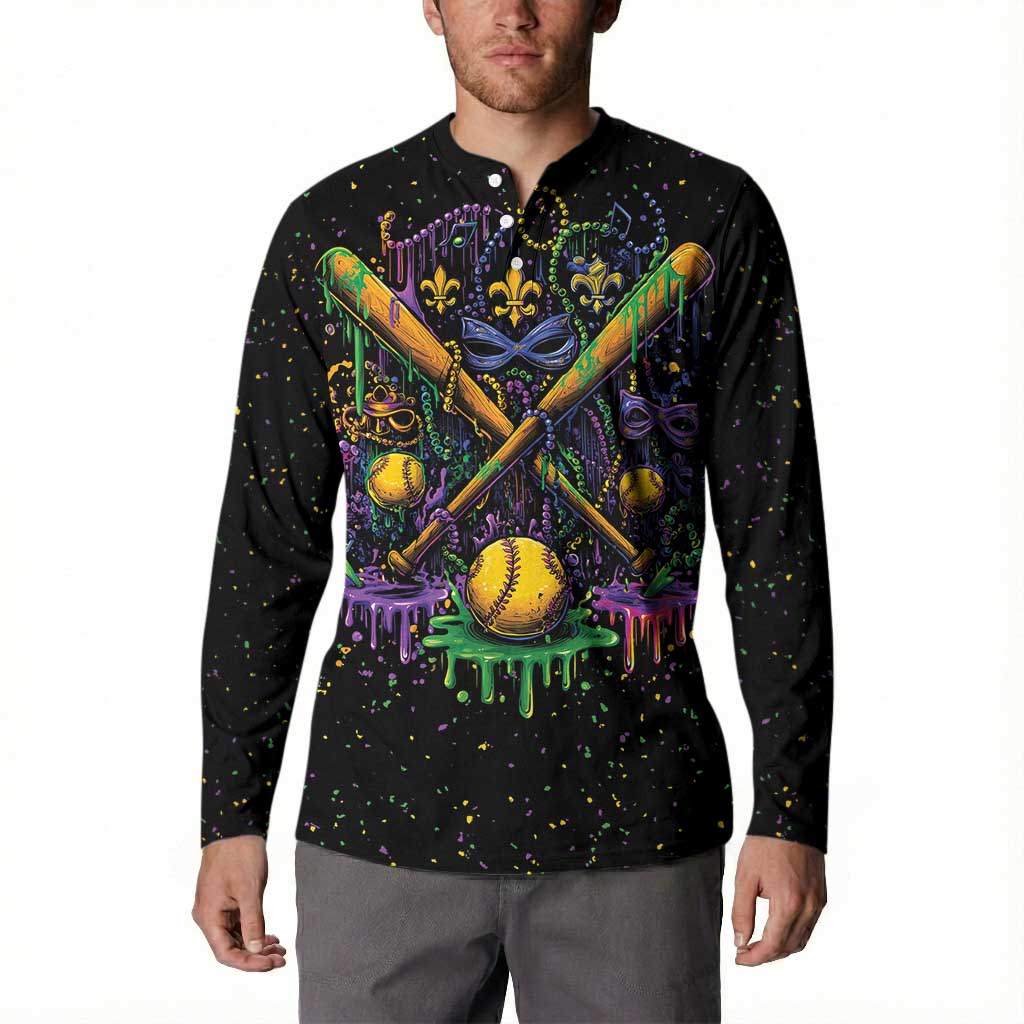 Mardi Gras Dripping Button Sweatshirt Baseball Ice Cream Drip - Wonder Print Shop