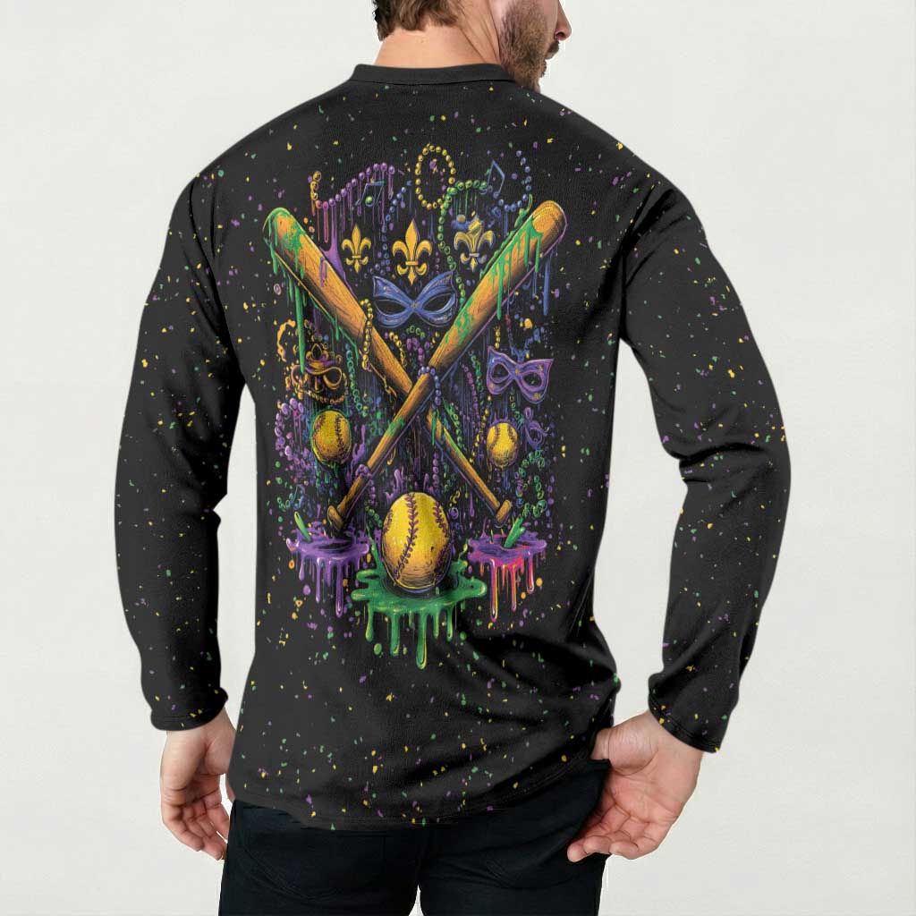 Mardi Gras Dripping Button Sweatshirt Baseball Ice Cream Drip - Wonder Print Shop