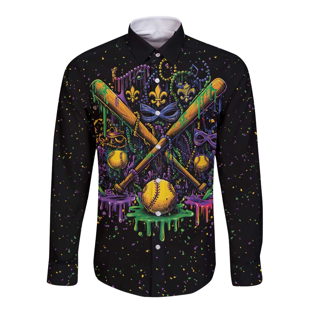Mardi Gras Dripping Long Sleeve Button Shirt Baseball Ice Cream Drip - Wonder Print Shop