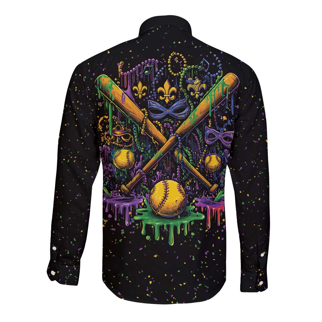 Mardi Gras Dripping Long Sleeve Button Shirt Baseball Ice Cream Drip - Wonder Print Shop