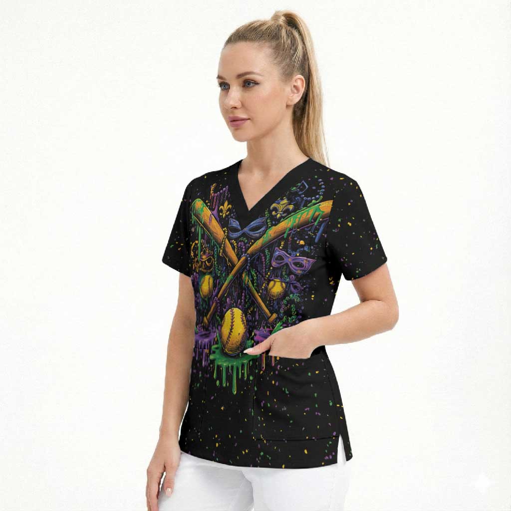 Mardi Gras Dripping Scrub Top Baseball Ice Cream Drip - Wonder Print Shop