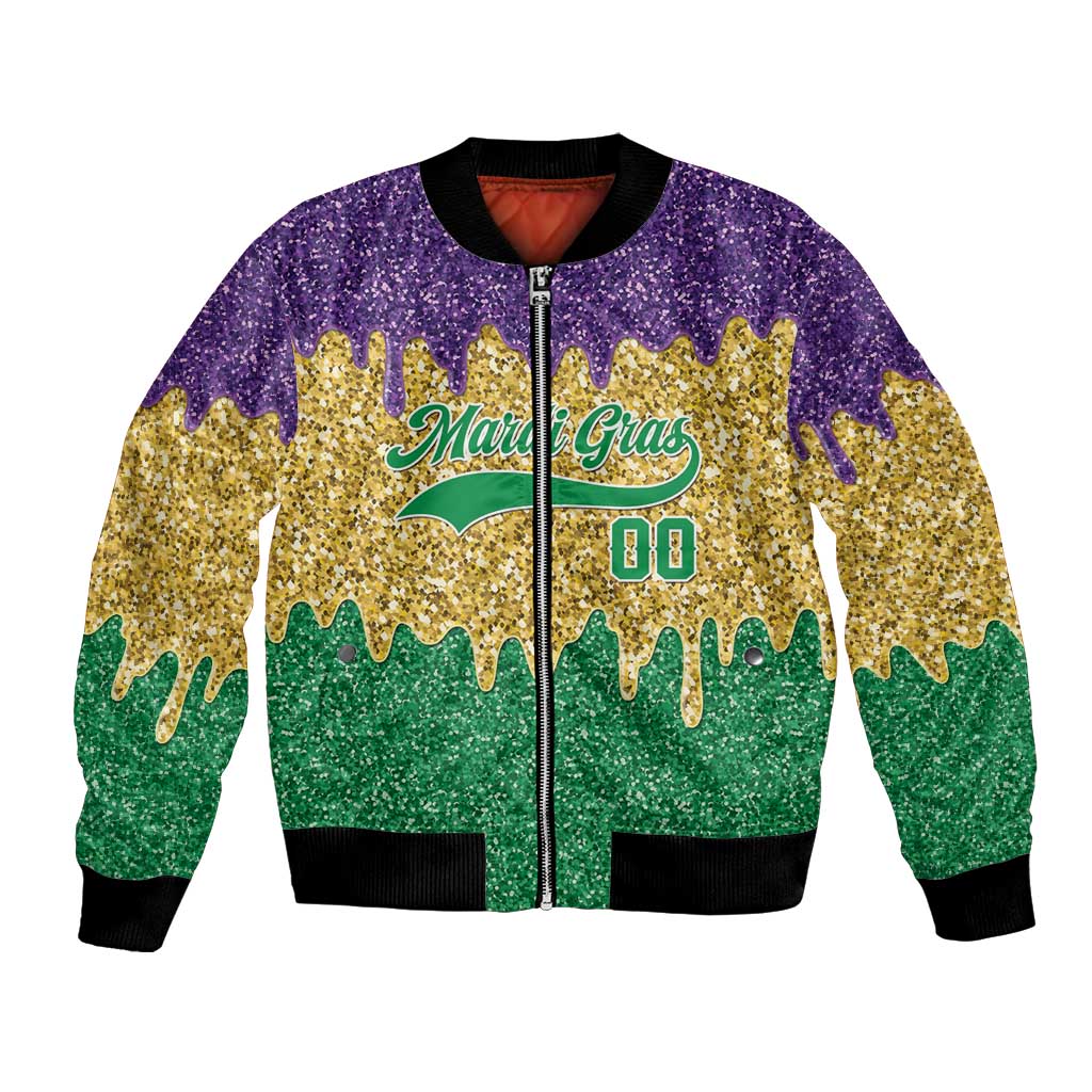Custom Mardi Gras Dripping Bomber Jacket Baseball Sparkling Drip Motif - Wonder Print Shop