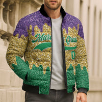 Custom Mardi Gras Dripping Bomber Puffer Jacket Baseball Sparkling Drip Motif - Wonder Print Shop