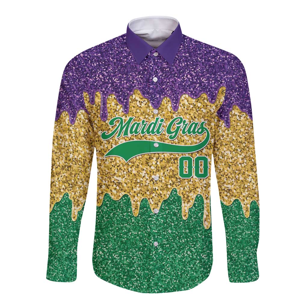 Custom Mardi Gras Dripping Long Sleeve Button Shirt Baseball Sparkling Drip Motif - Wonder Print Shop