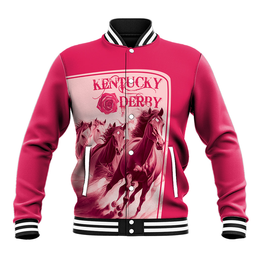 Pink baseball jacket with snap buttons and ribbed collar; Kentucky Derby horse front graphic