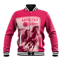 Pink baseball jacket with snap buttons and ribbed collar; Kentucky Derby horse front graphic