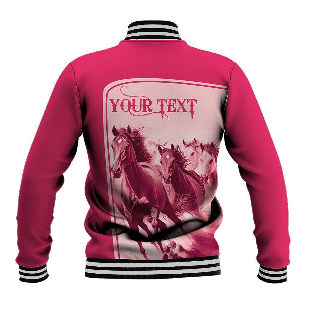 Pink baseball jacket back with ribbed collar; customizable “YOUR TEXT” horse graphic