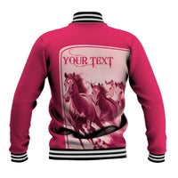 Pink baseball jacket back with ribbed collar; customizable “YOUR TEXT” horse graphic