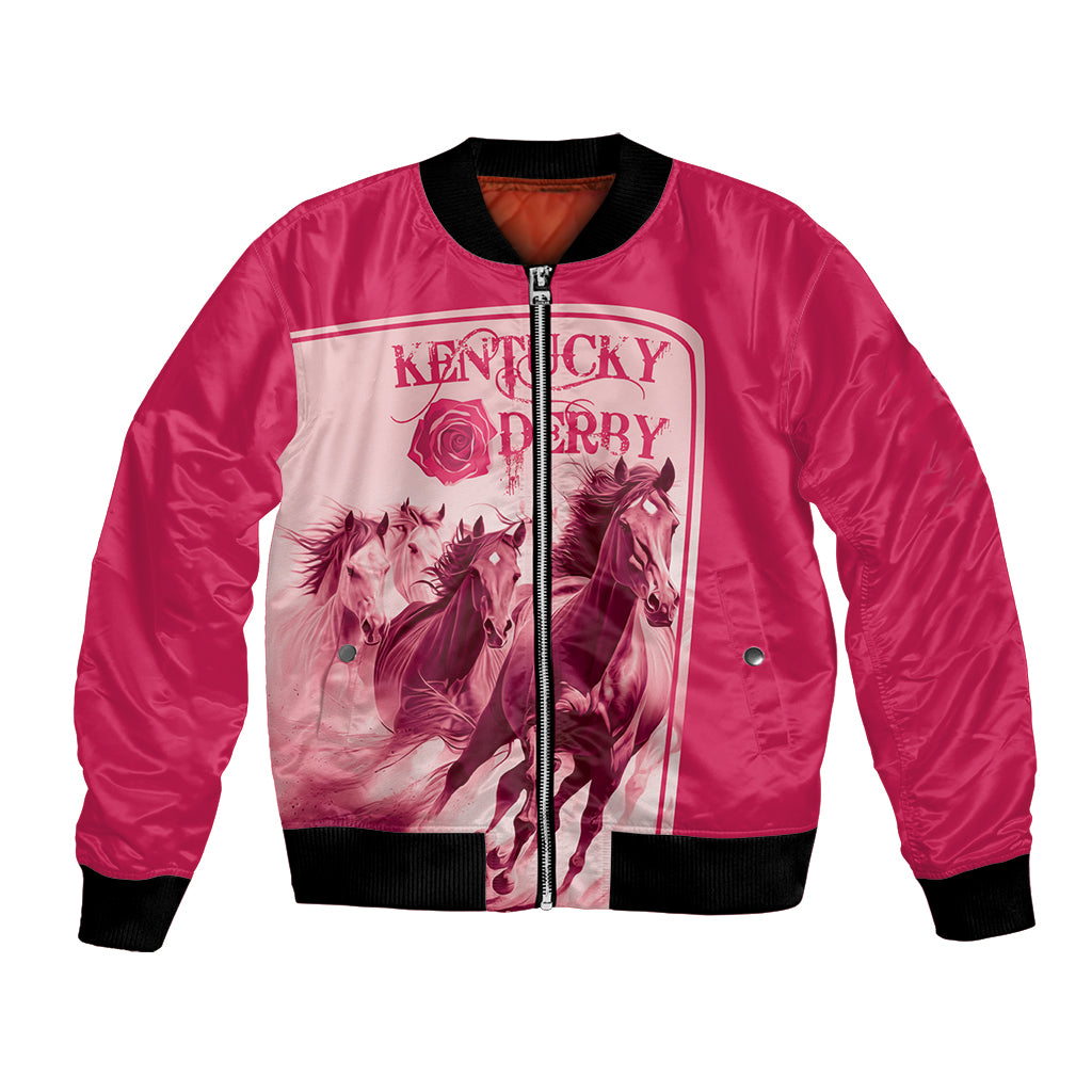 Pink bomber jacket with front zipper, ribbed cuffs, horse graphic and Kentucky Derby text