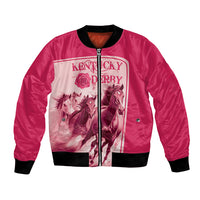 Pink bomber jacket with front zipper, ribbed cuffs, horse graphic and Kentucky Derby text