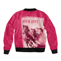 Pink bomber jacket with ribbed hem, large horse graphic and Your Text banner