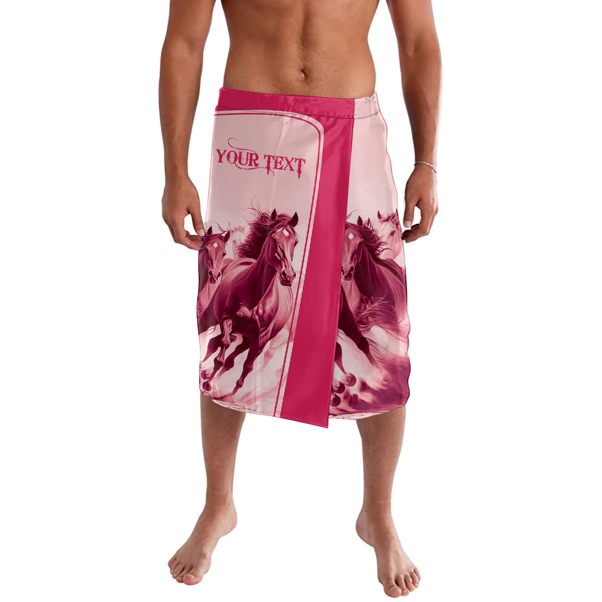 Pink personalized lavalava wrap skirt with horse racing graphic and text on front panel
