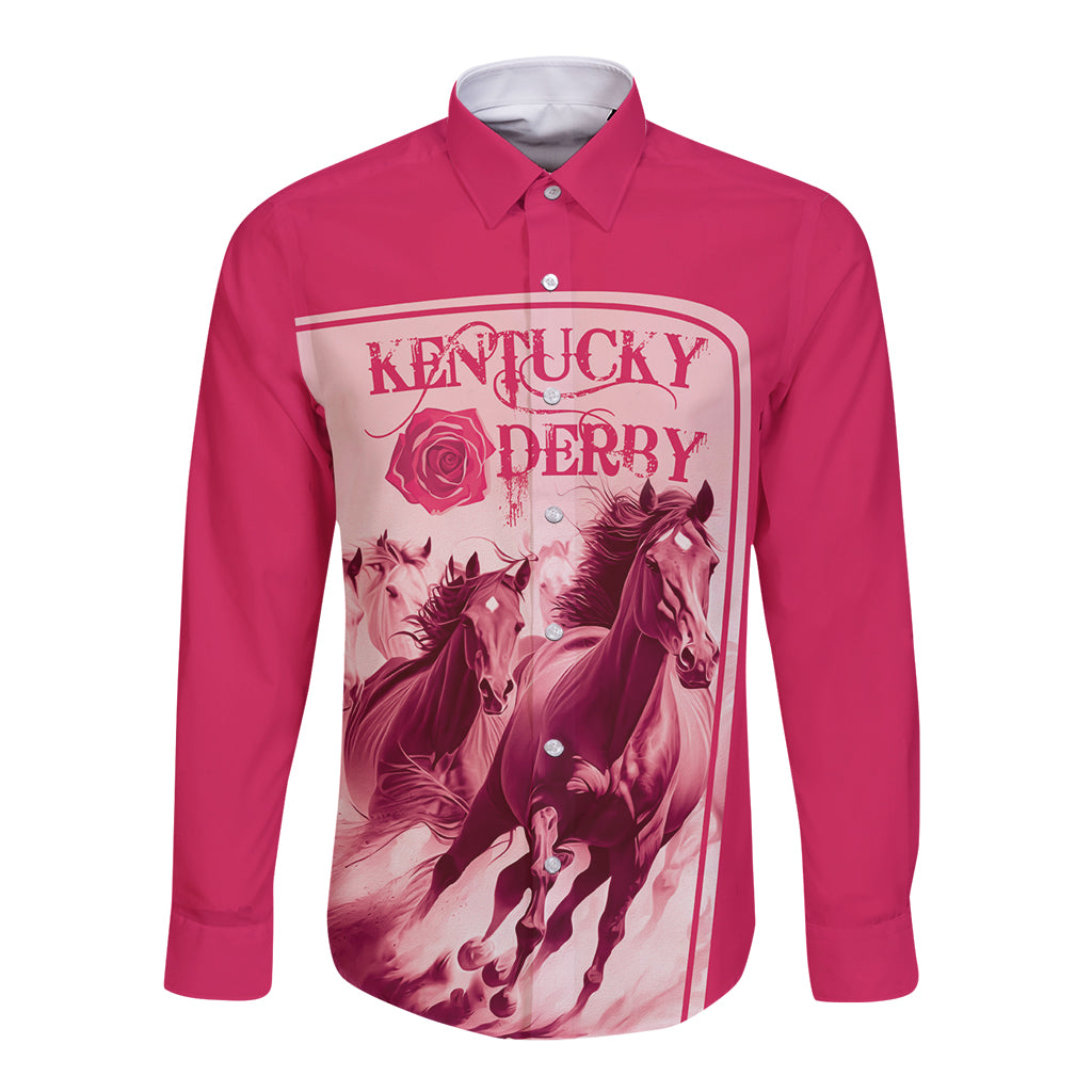 Pink long-sleeve button shirt with Kentucky Derby horse graphic on chest.