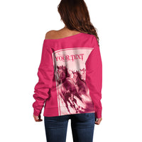 Pink off-shoulder sweater with horse race graphic and 'YOUR TEXT' back print