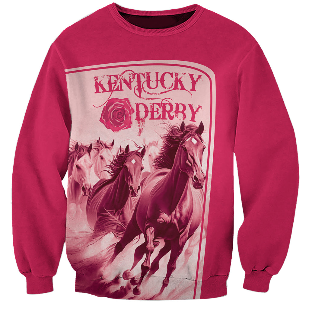 Pink unisex crewneck sweatshirt with 'Kentucky Derby' horse graphic front