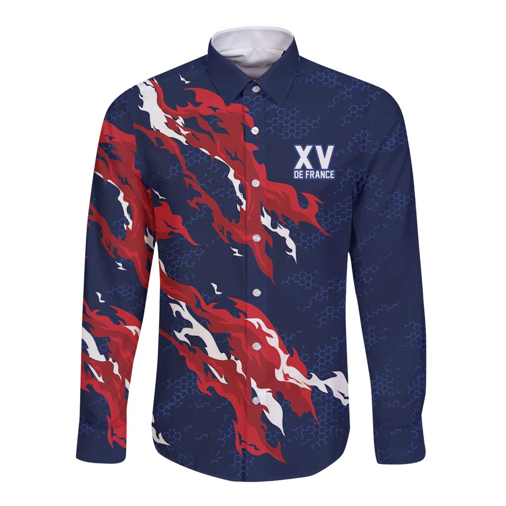 Custom France Rugby Pride Long Sleeve Button Shirt XV de France Flame Fire Style